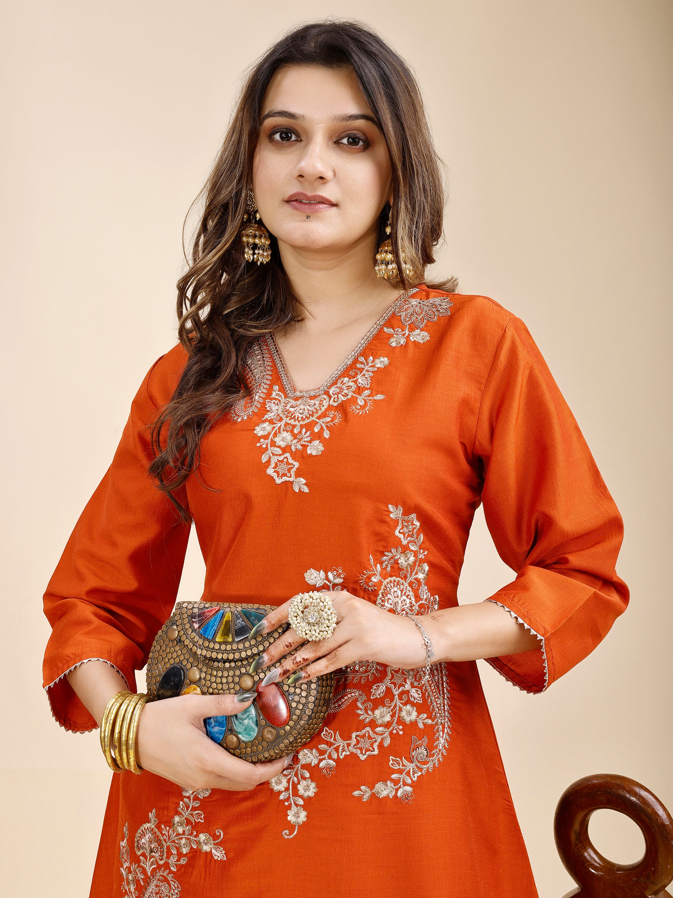 Tikhi Imli Rust color silk blend with zari work embroidered a line tunic and trouser Co-ord Set