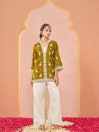 mustard color Silk Blend with off white thread embroidered tunic & trouser co-ord set