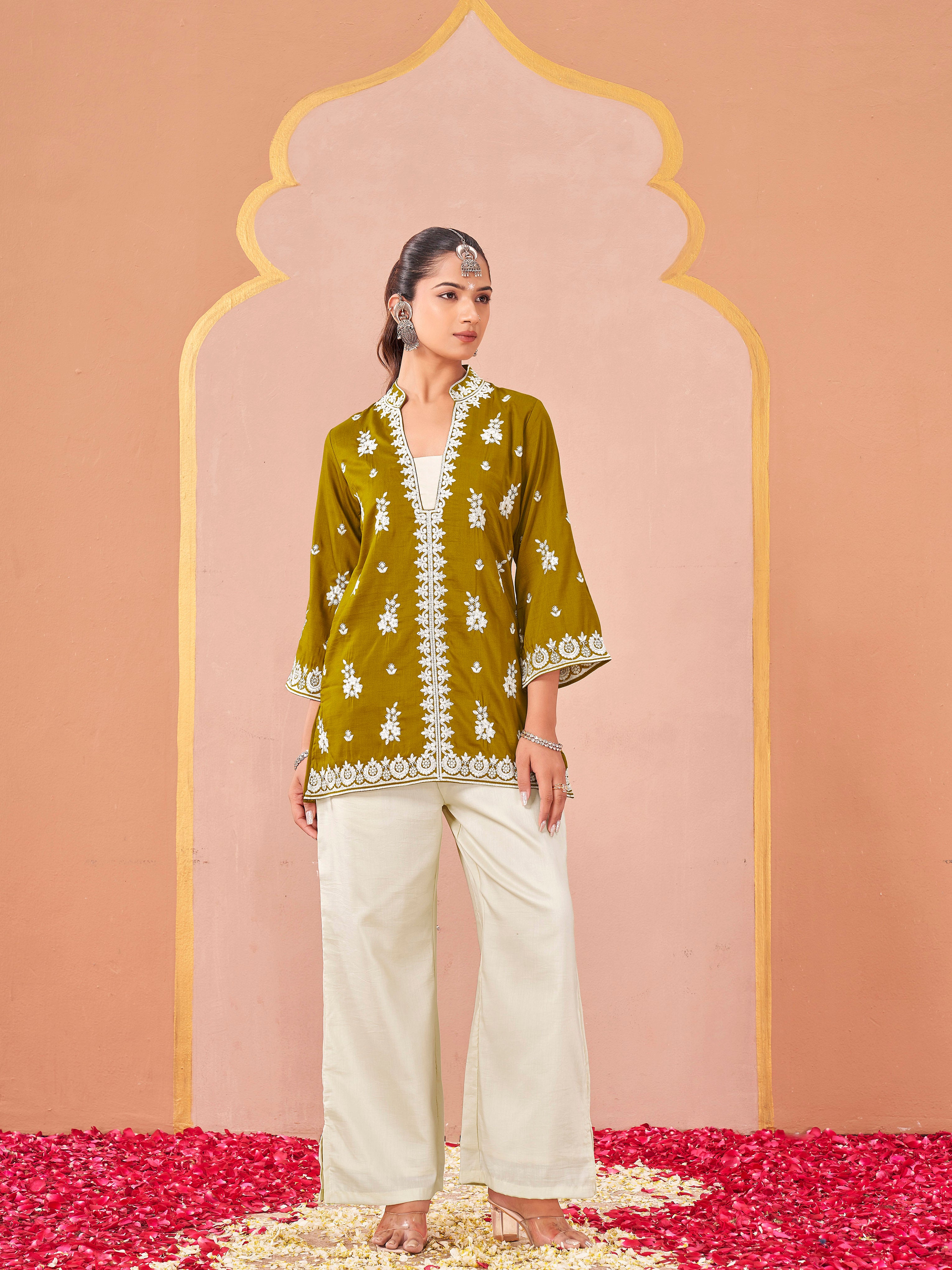 mustard color Silk Blend with off white thread embroidered tunic & trouser co-ord set