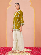 mustard color Silk Blend with off white thread embroidered tunic & trouser co-ord set