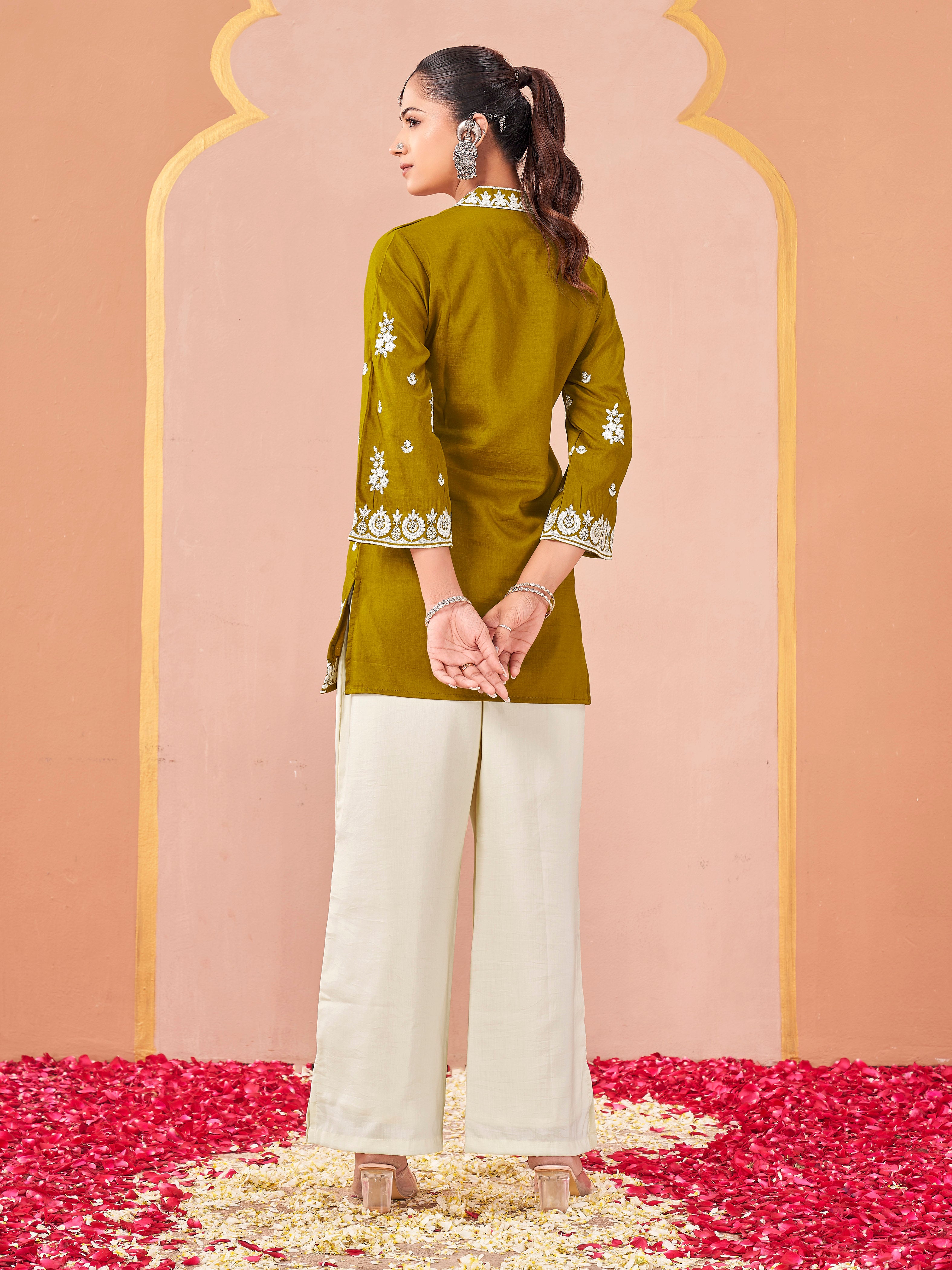 mustard color Silk Blend with off white thread embroidered tunic & trouser co-ord set