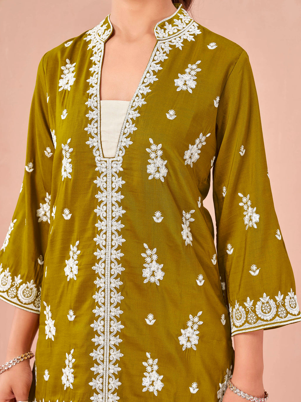 mustard color Silk Blend with off white thread embroidered tunic & trouser co-ord set