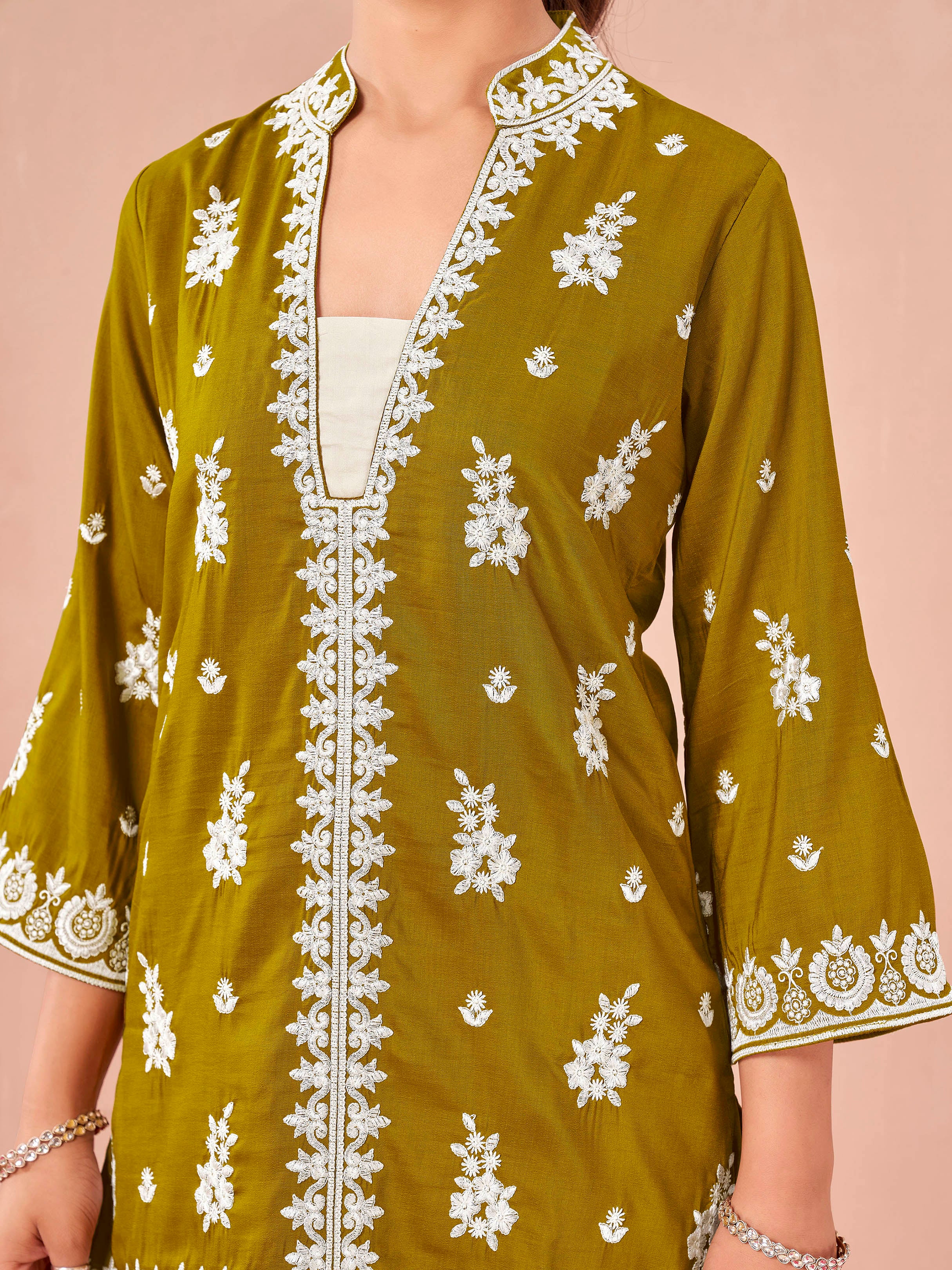 mustard color Silk Blend with off white thread embroidered tunic & trouser co-ord set