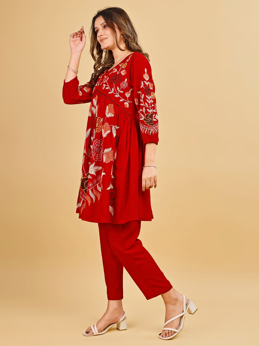 Tikhi Imli Red color rayon with floral thread embroidery tunic & trouser Co-ord Set