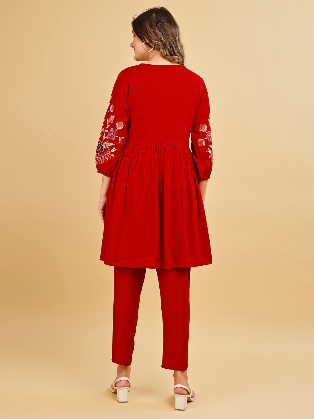 Tikhi Imli Red color rayon with floral thread embroidery tunic & trouser Co-ord Set