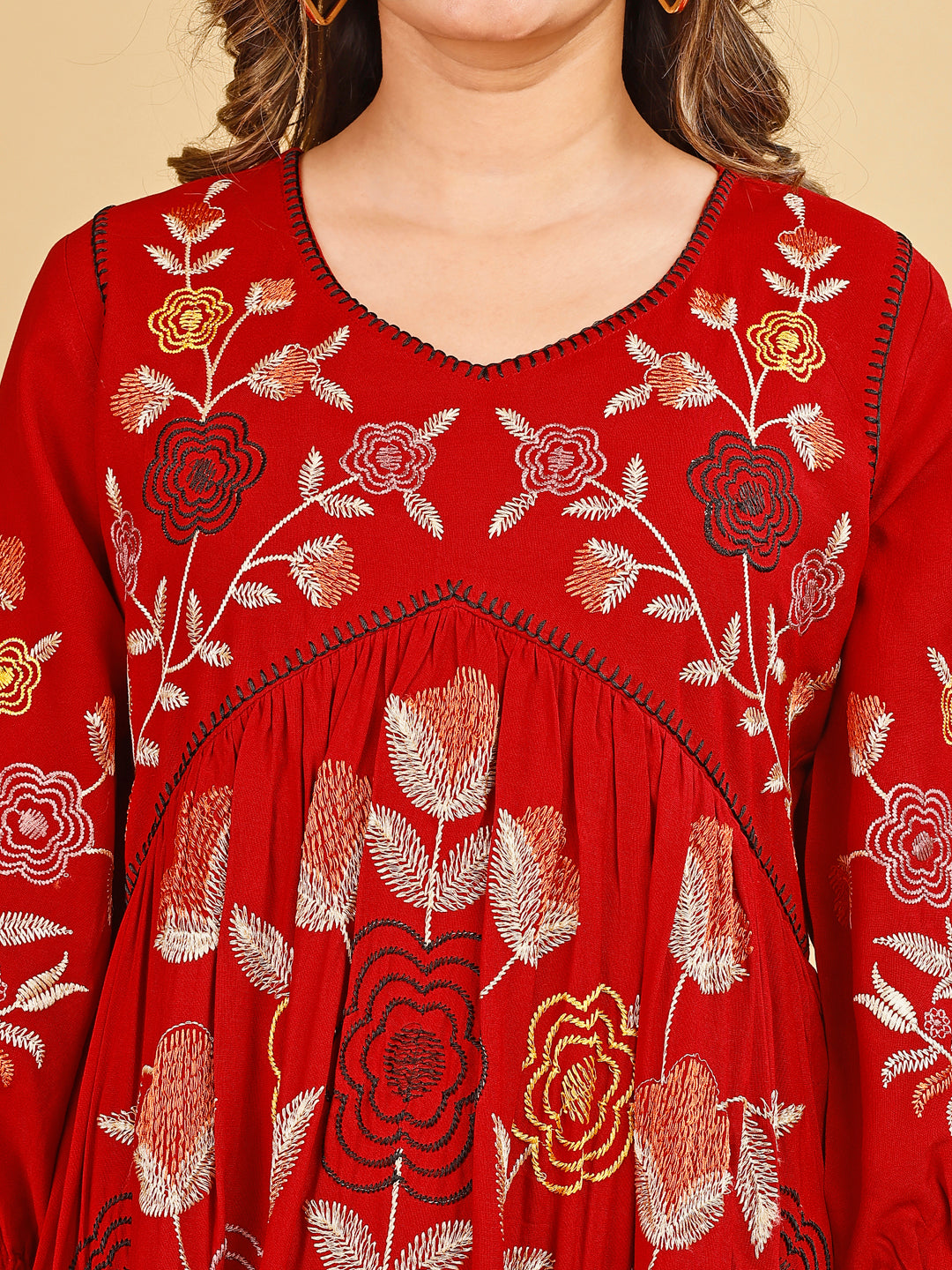 Tikhi Imli Red color rayon with floral thread embroidery tunic & trouser Co-ord Set
