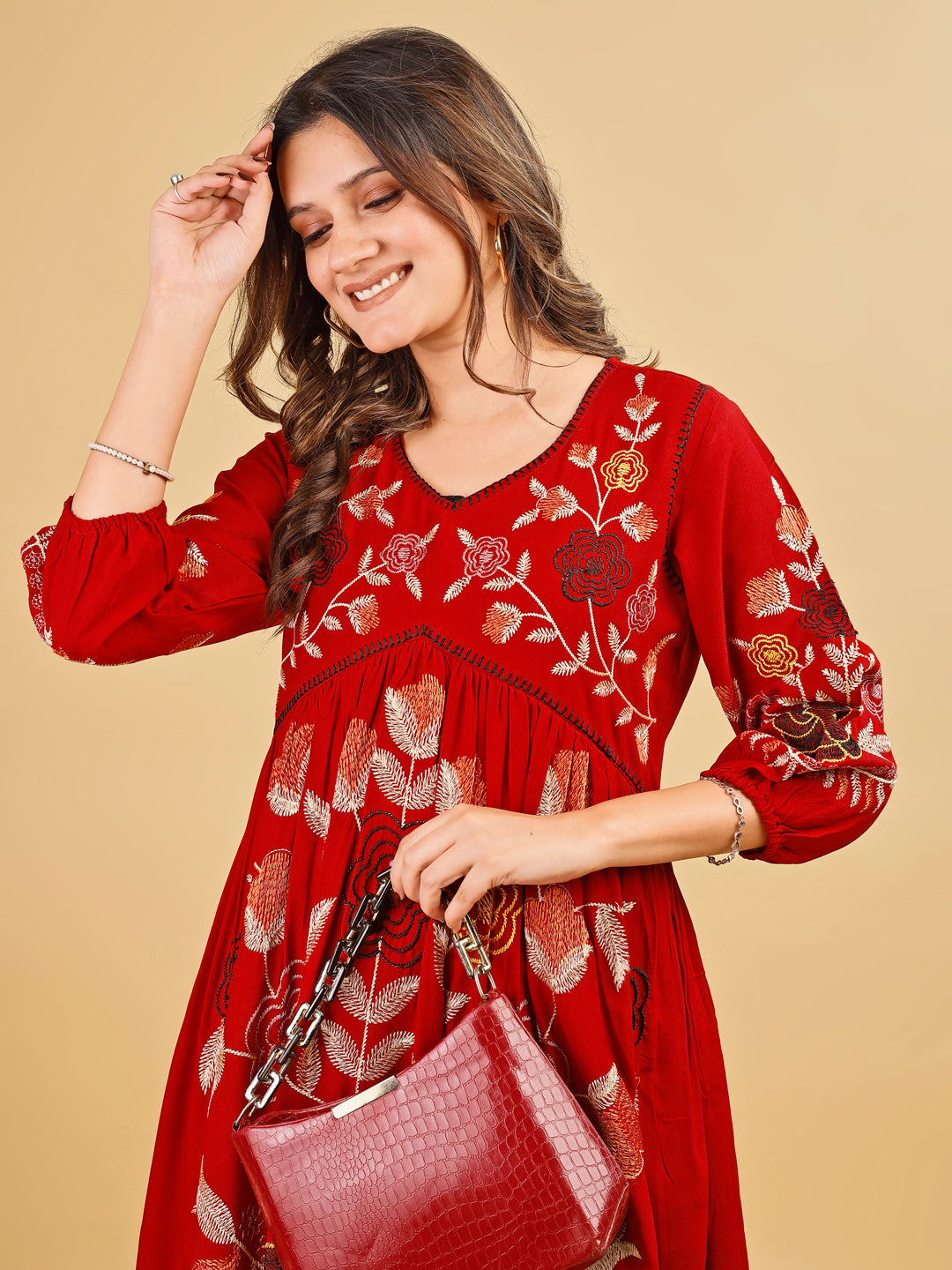 Tikhi Imli Red color rayon with floral thread embroidery tunic & trouser Co-ord Set