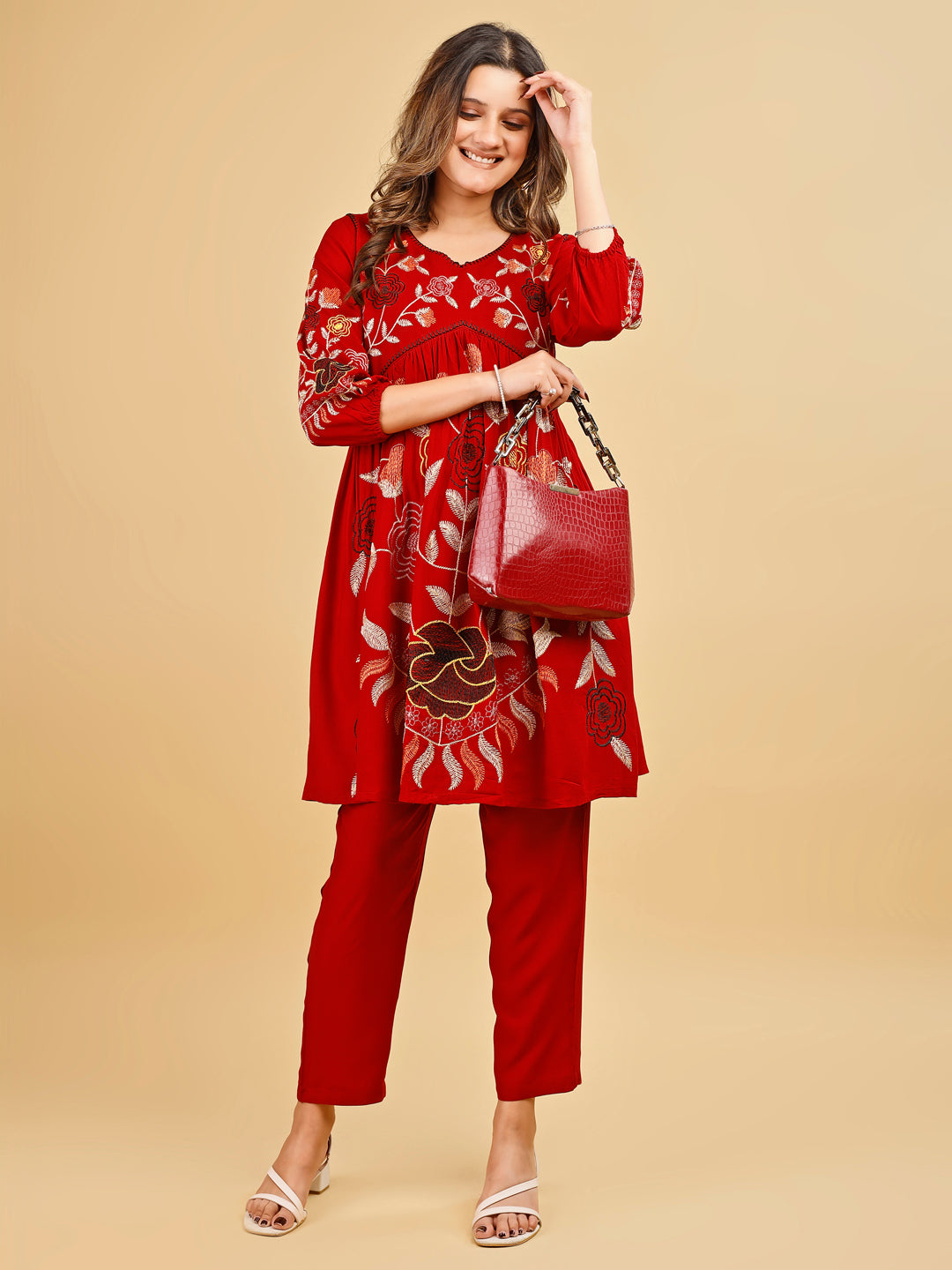 Tikhi Imli Red color rayon with floral thread embroidery tunic & trouser Co-ord Set