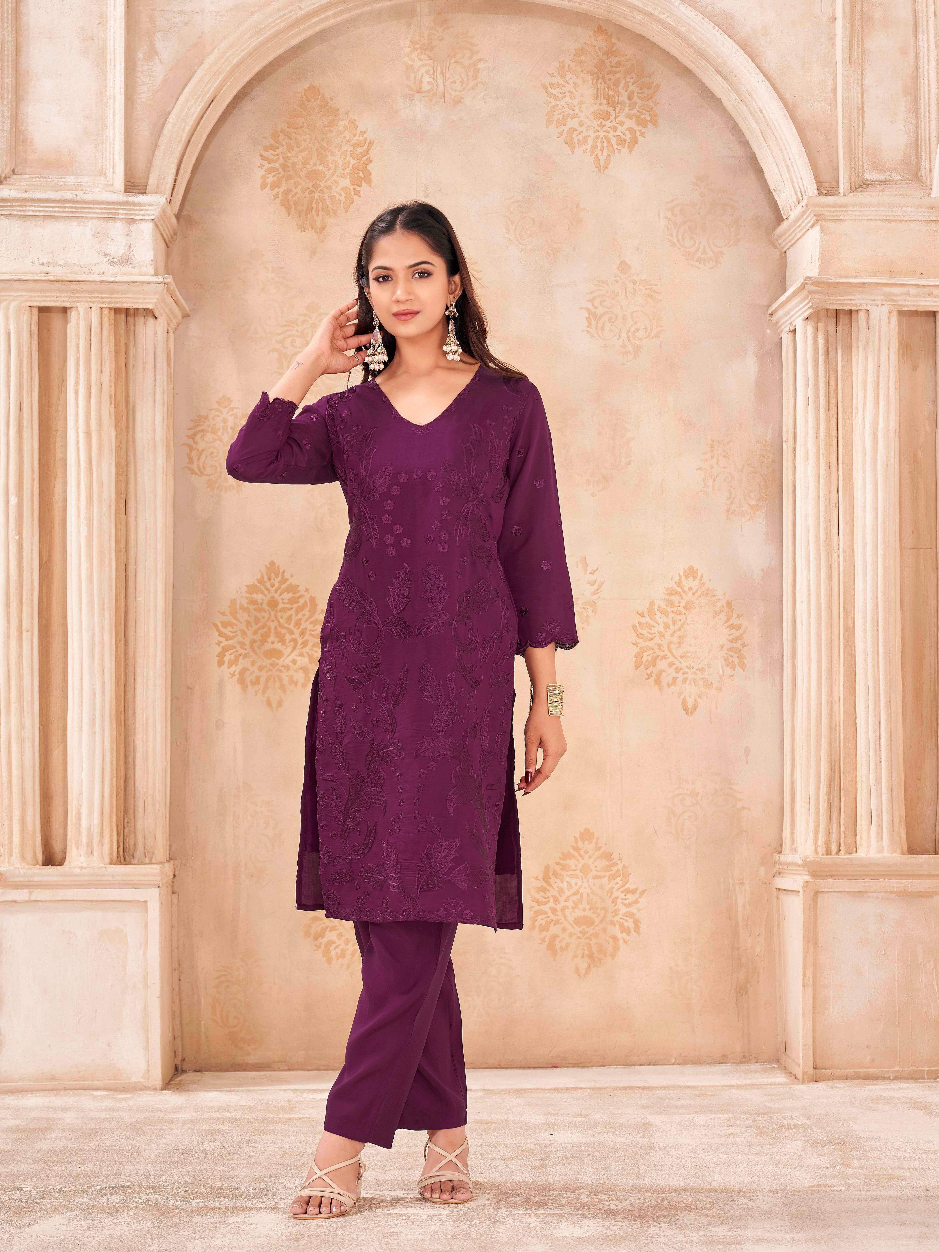 Burgundy color silk blend with sequence embroidered top and trouser cordset