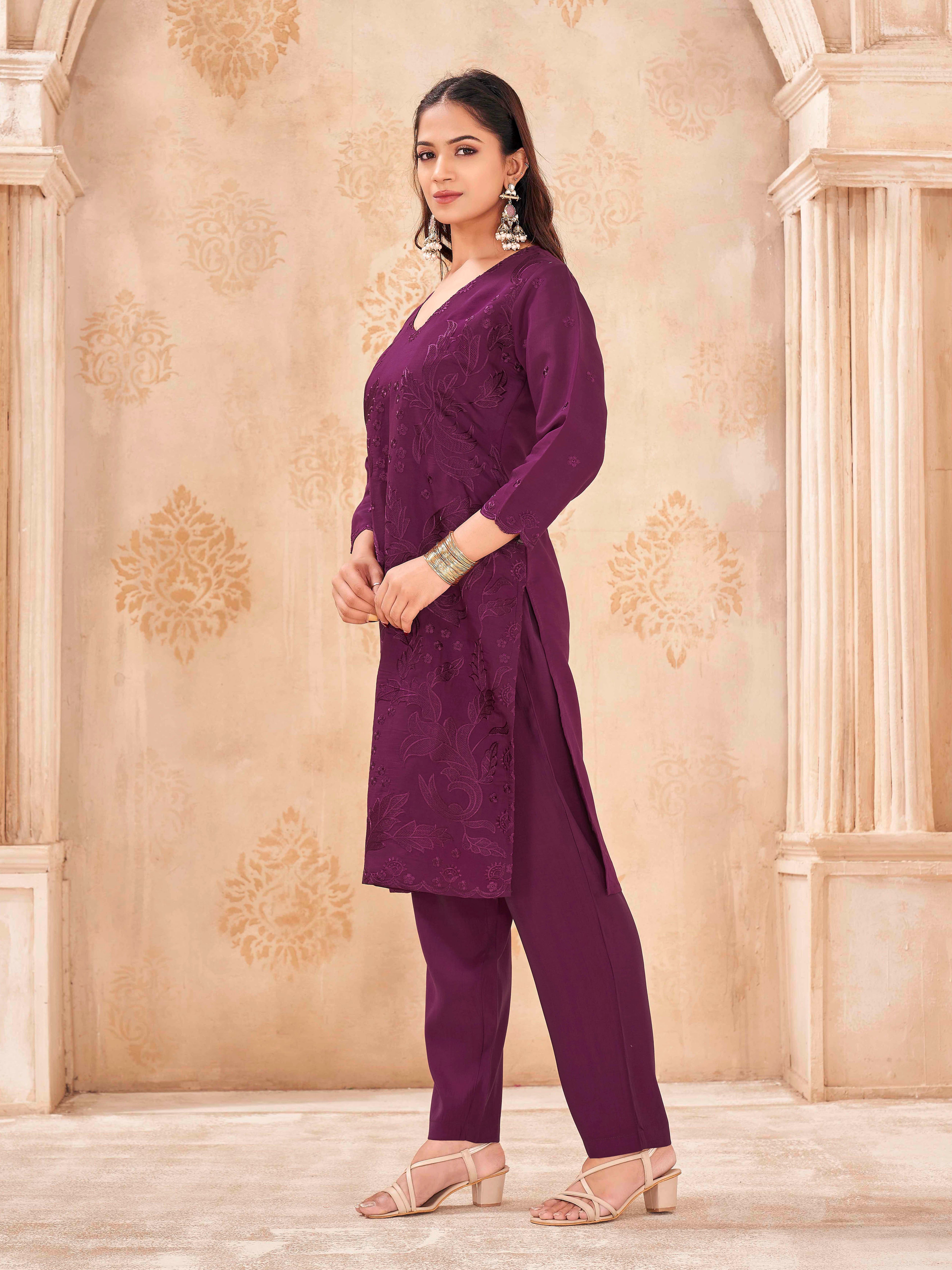 Burgundy color silk blend with sequence embroidered top and trouser cordset