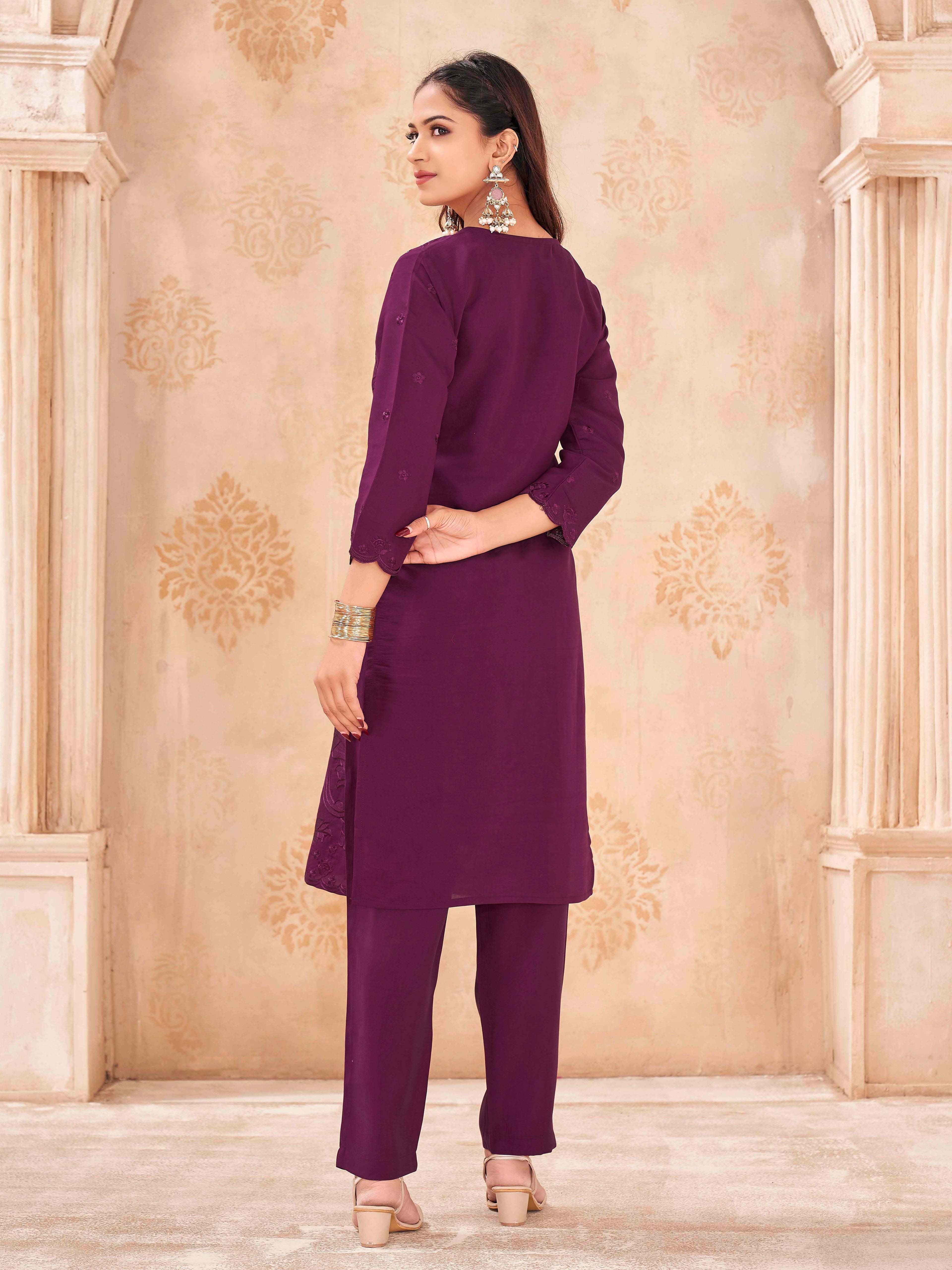 Burgundy color silk blend with sequence embroidered top and trouser cordset