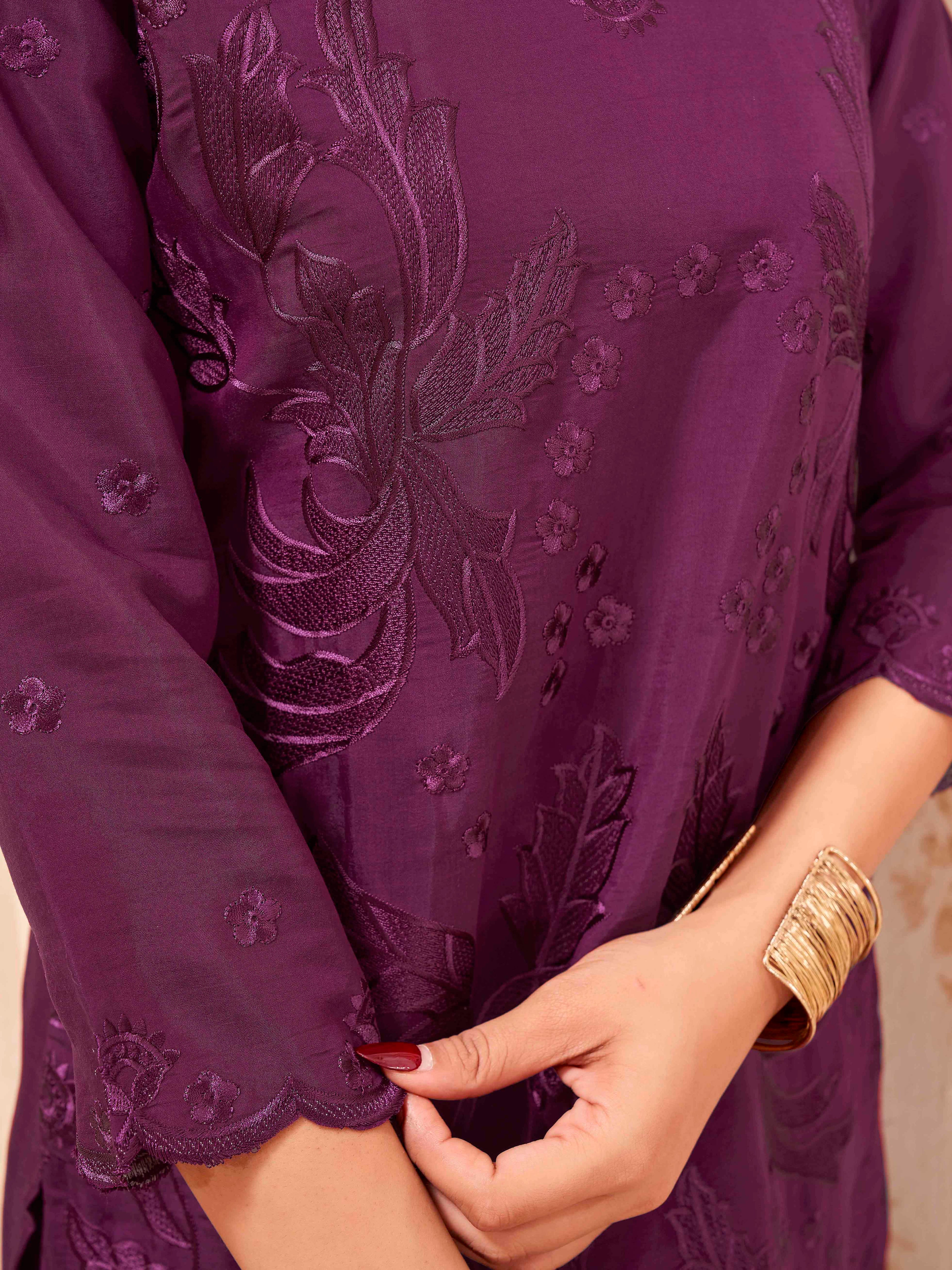 Burgundy color silk blend with sequence embroidered top and trouser cordset