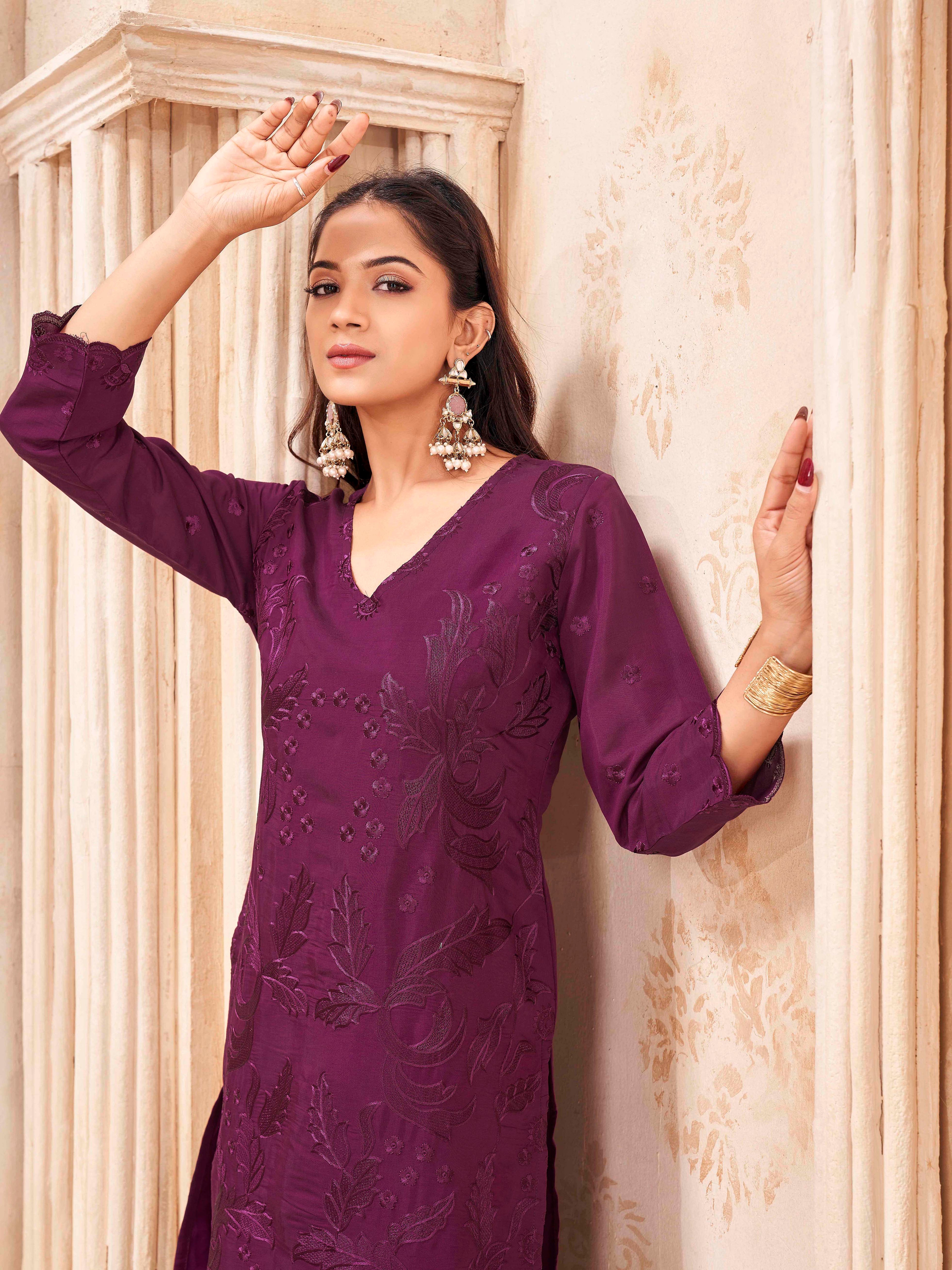 Burgundy color silk blend with sequence embroidered top and trouser cordset