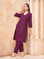 Burgundy color silk blend with sequence embroidered top and trouser cordset