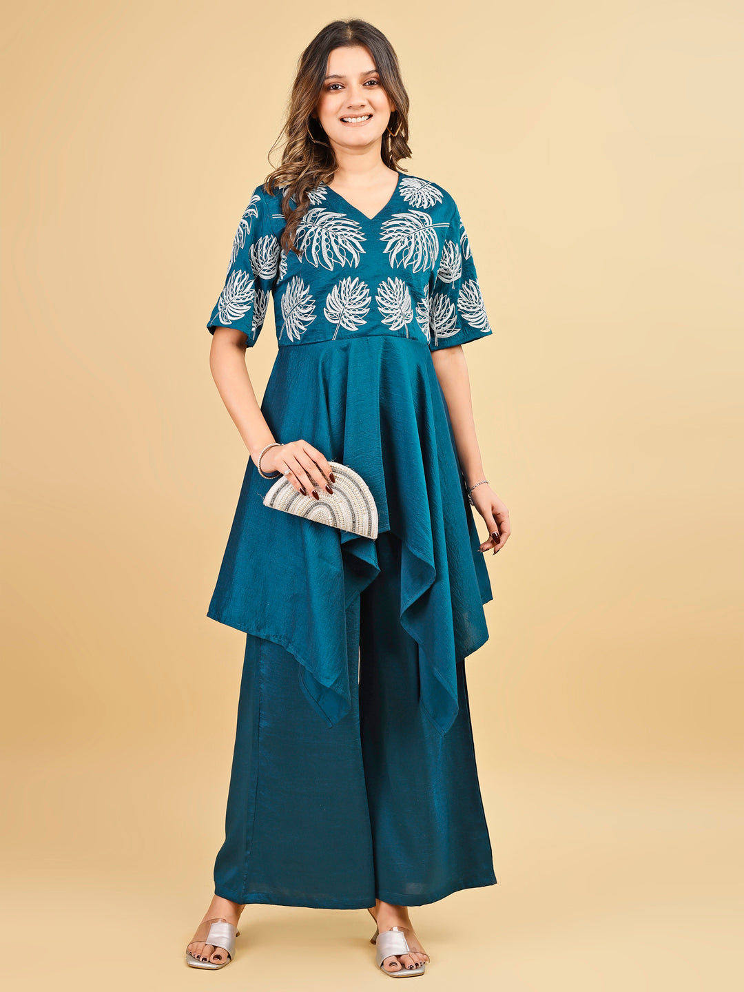 Tikhi Imli Teal color silk blend with thread work embroidered top and plazzo Co-ord Set