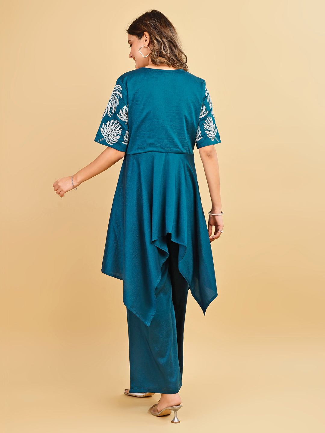 Tikhi Imli Teal color silk blend with thread work embroidered top and plazzo Co-ord Set