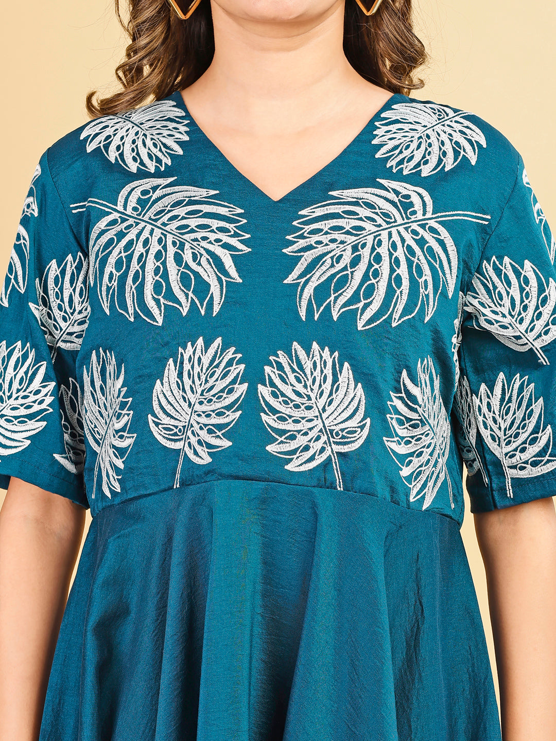 Tikhi Imli Teal color silk blend with thread work embroidered top and plazzo Co-ord Set