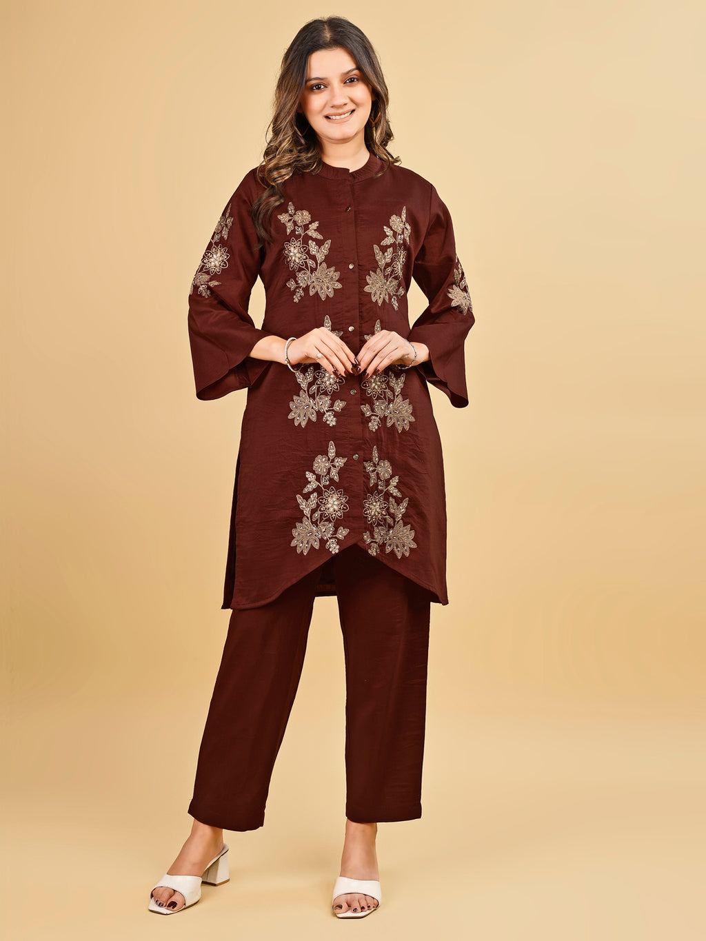 Tikhi Imli Brown color silk blend with zari embroidered tunic and trouser Co-ord Set