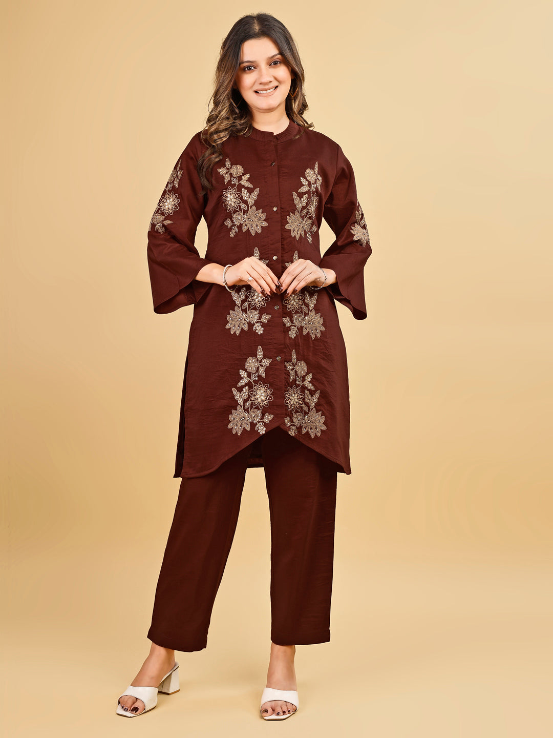 Tikhi Imli Brown color silk blend with zari embroidered tunic and trouser Co-ord Set