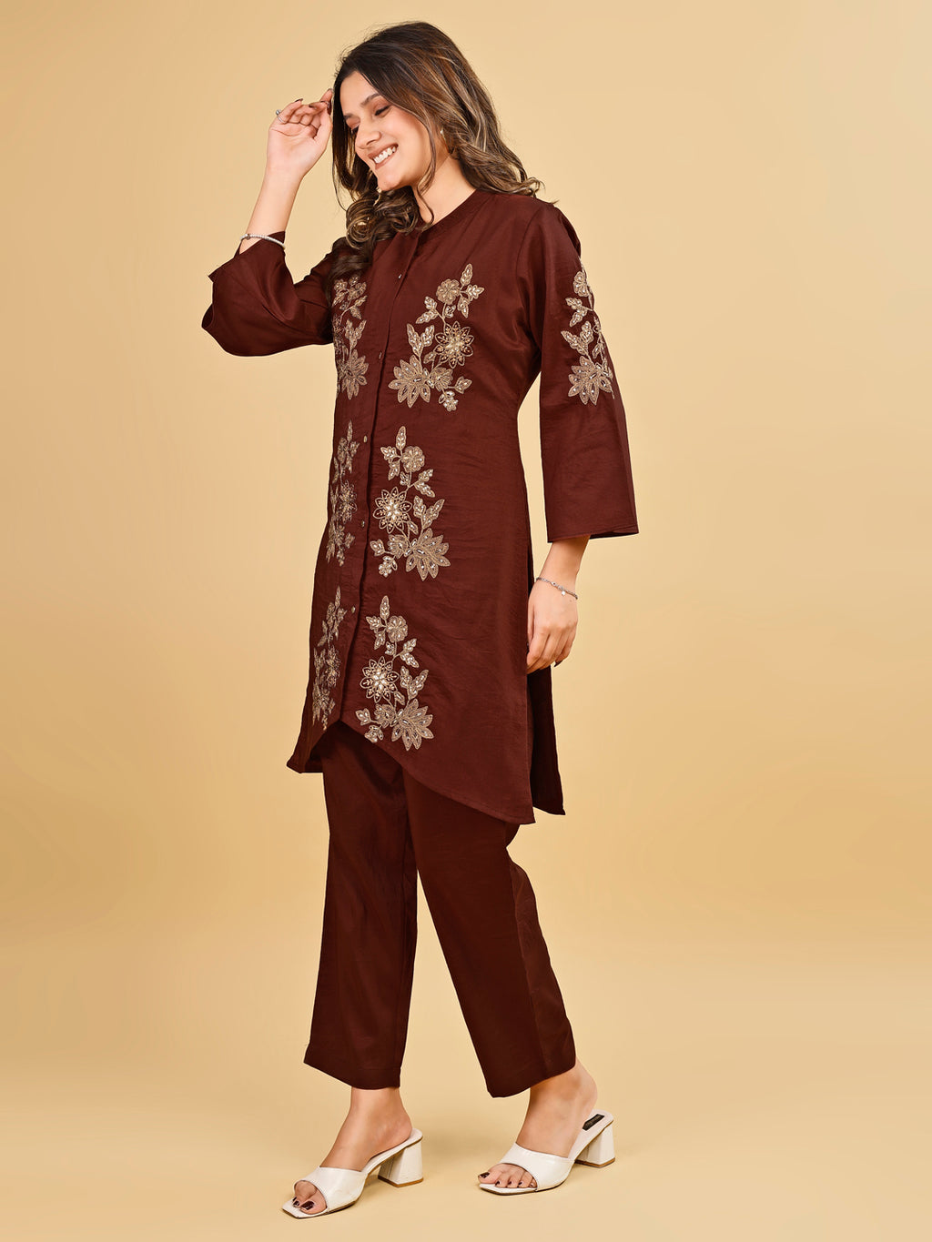 Tikhi Imli Brown color silk blend with zari embroidered tunic and trouser Co-ord Set