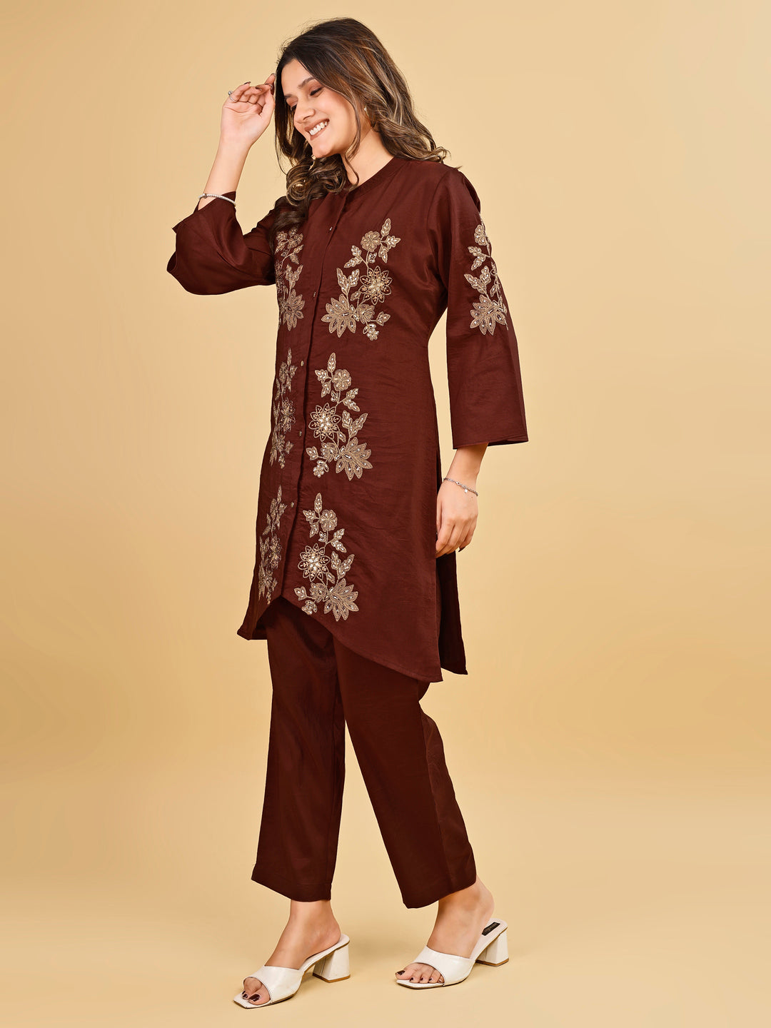 Tikhi Imli Brown color silk blend with zari embroidered tunic and trouser Co-ord Set