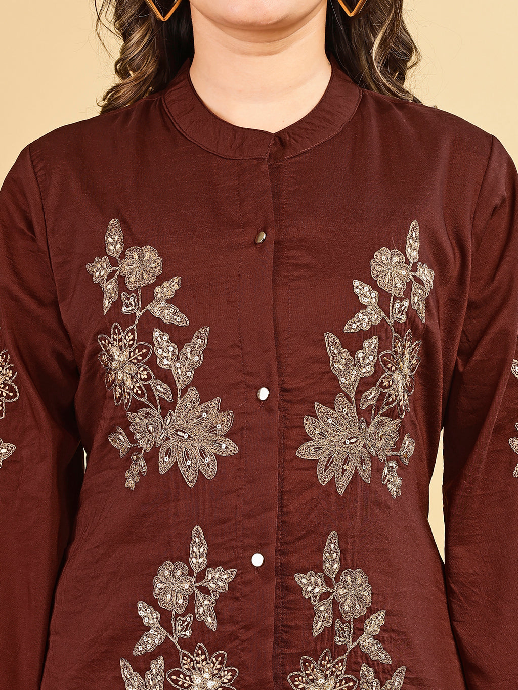 Tikhi Imli Brown color silk blend with zari embroidered tunic and trouser Co-ord Set