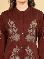 Tikhi Imli Brown color silk blend with zari embroidered tunic and trouser Co-ord Set