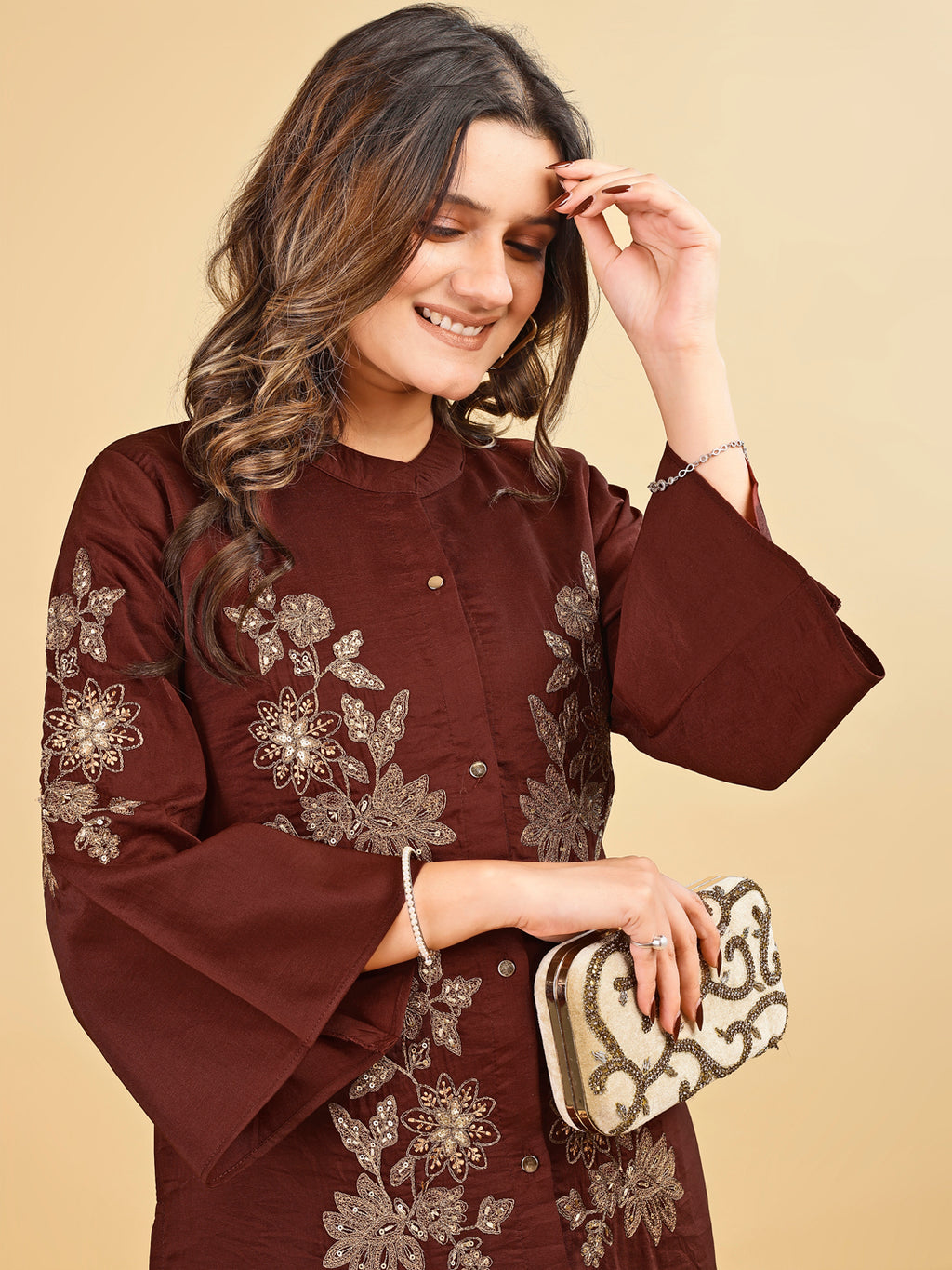 Tikhi Imli Brown color silk blend with zari embroidered tunic and trouser Co-ord Set
