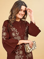 Tikhi Imli Brown color silk blend with zari embroidered tunic and trouser Co-ord Set