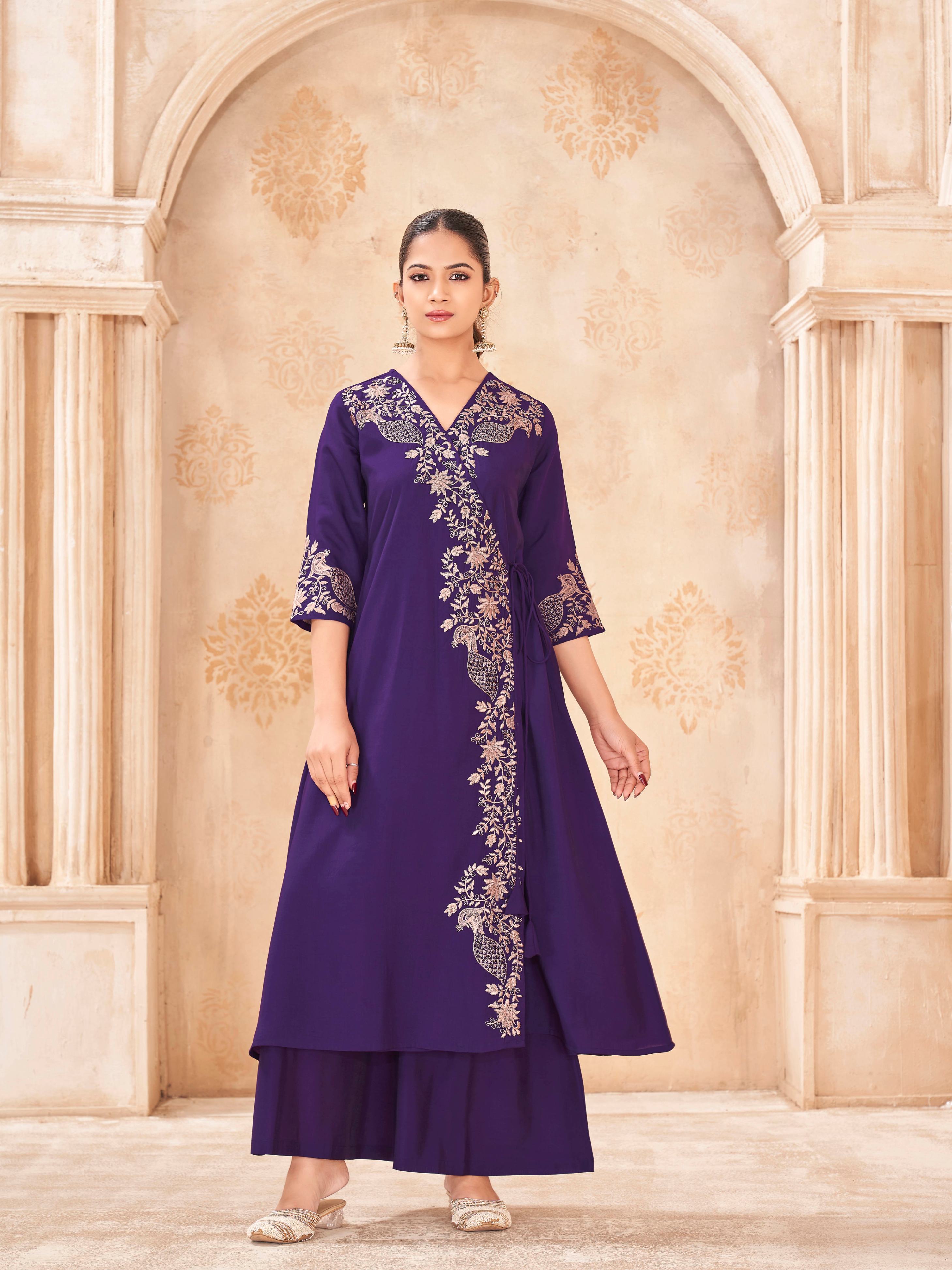 Purple color silk blend with thread work embroidered angrkha style kurta & plazzo cordset