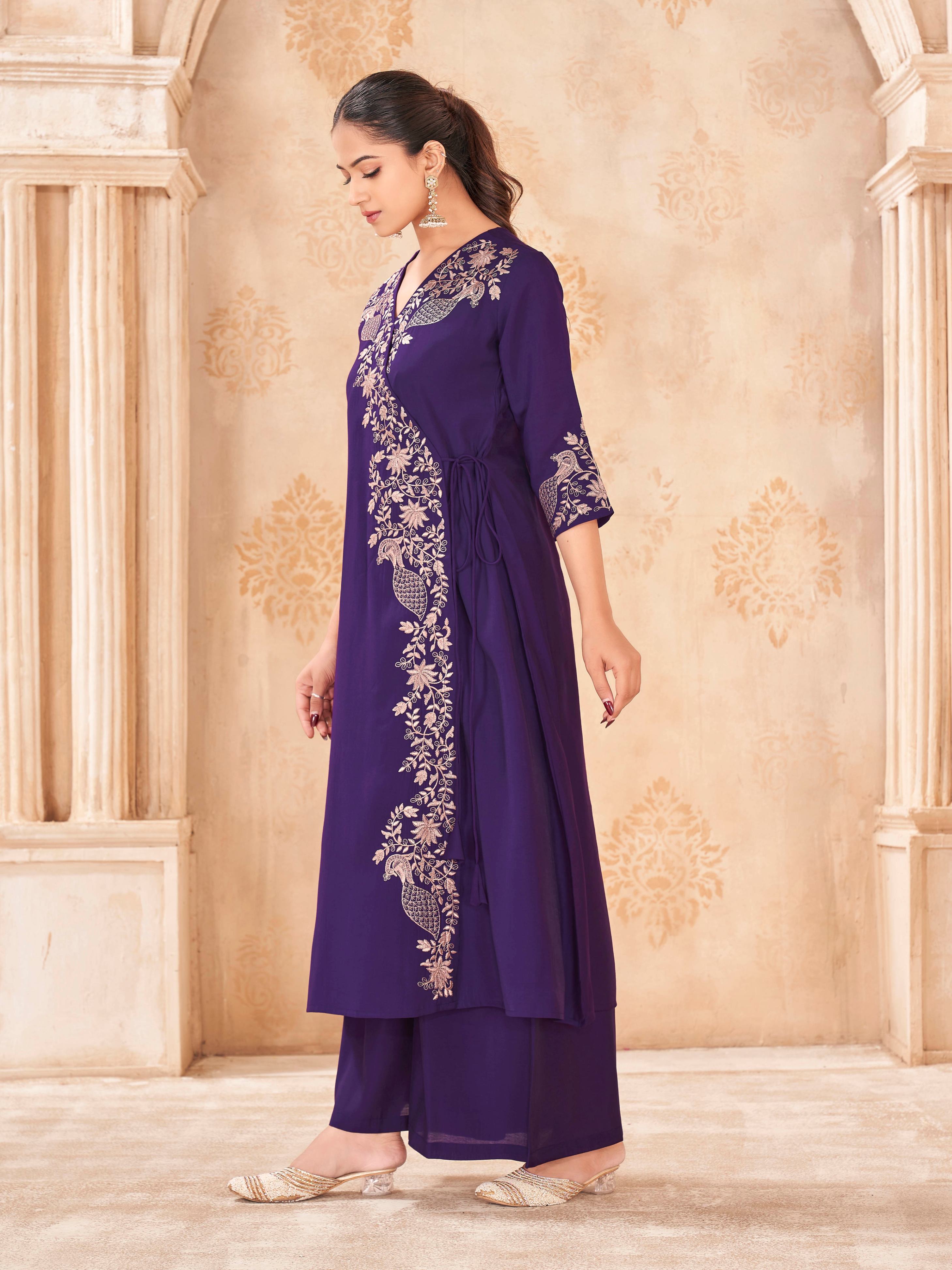 Purple color silk blend with thread work embroidered angrkha style kurta & plazzo cordset