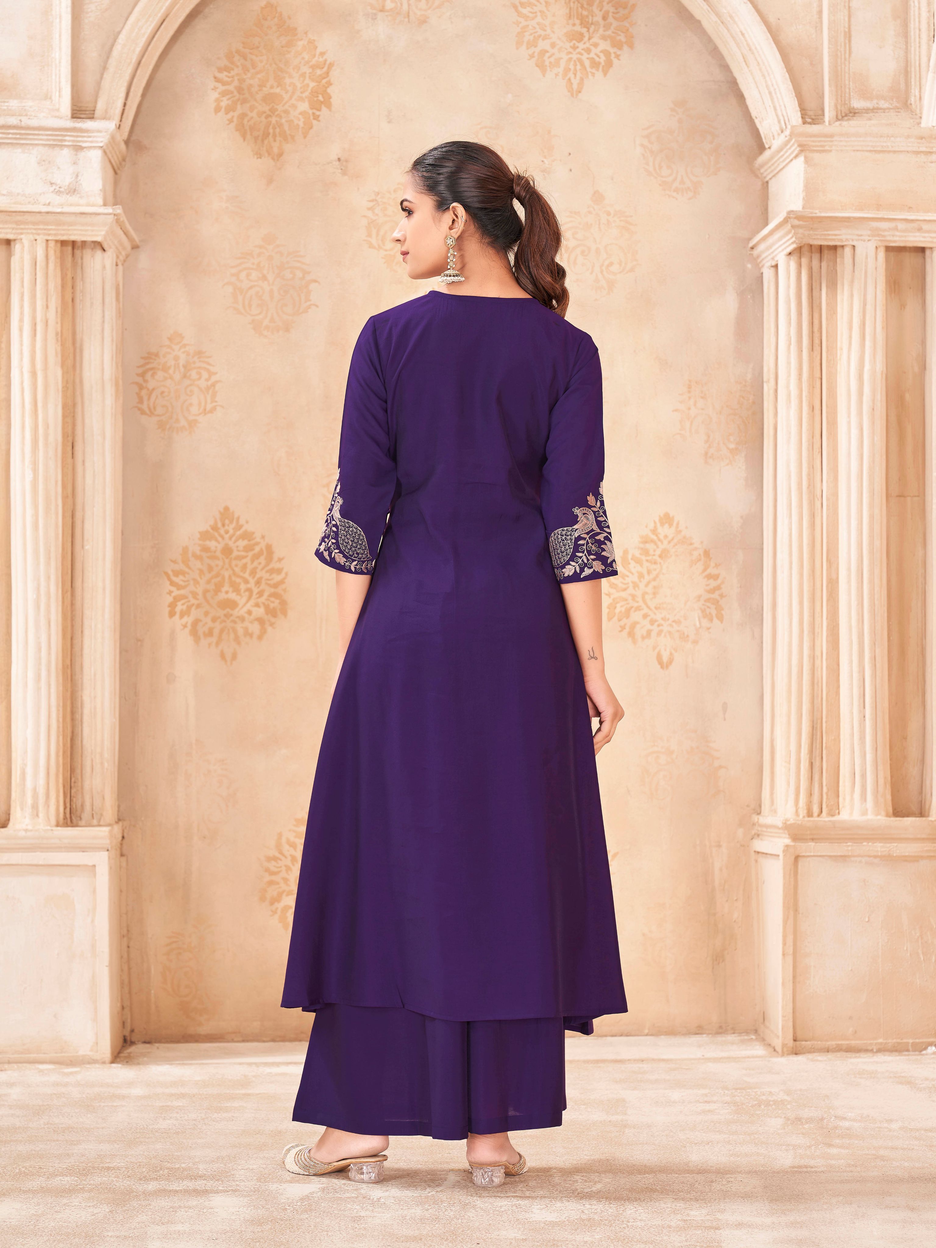 Purple color silk blend with thread work embroidered angrkha style kurta & plazzo cordset