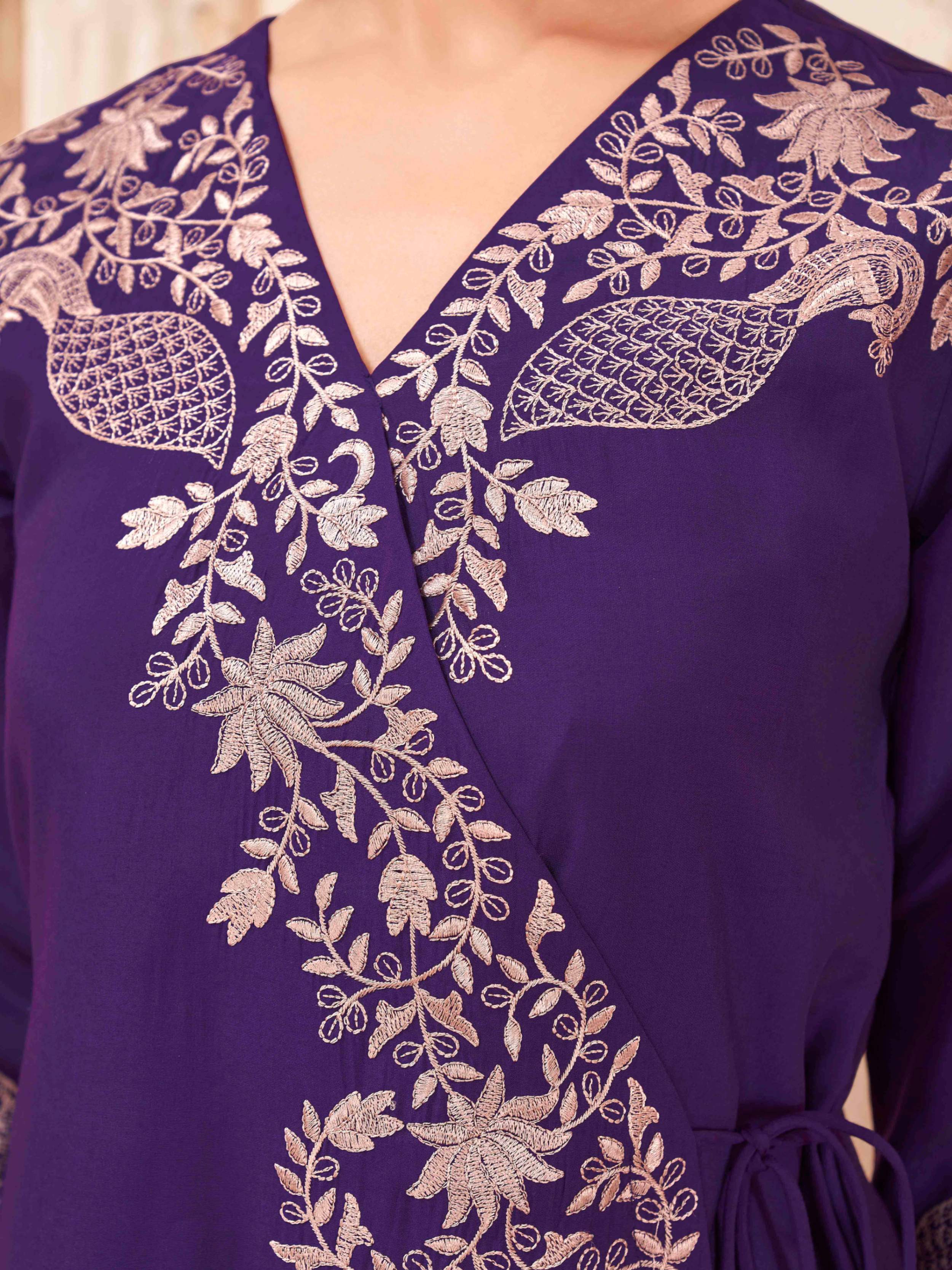 Purple color silk blend with thread work embroidered angrkha style kurta & plazzo cordset