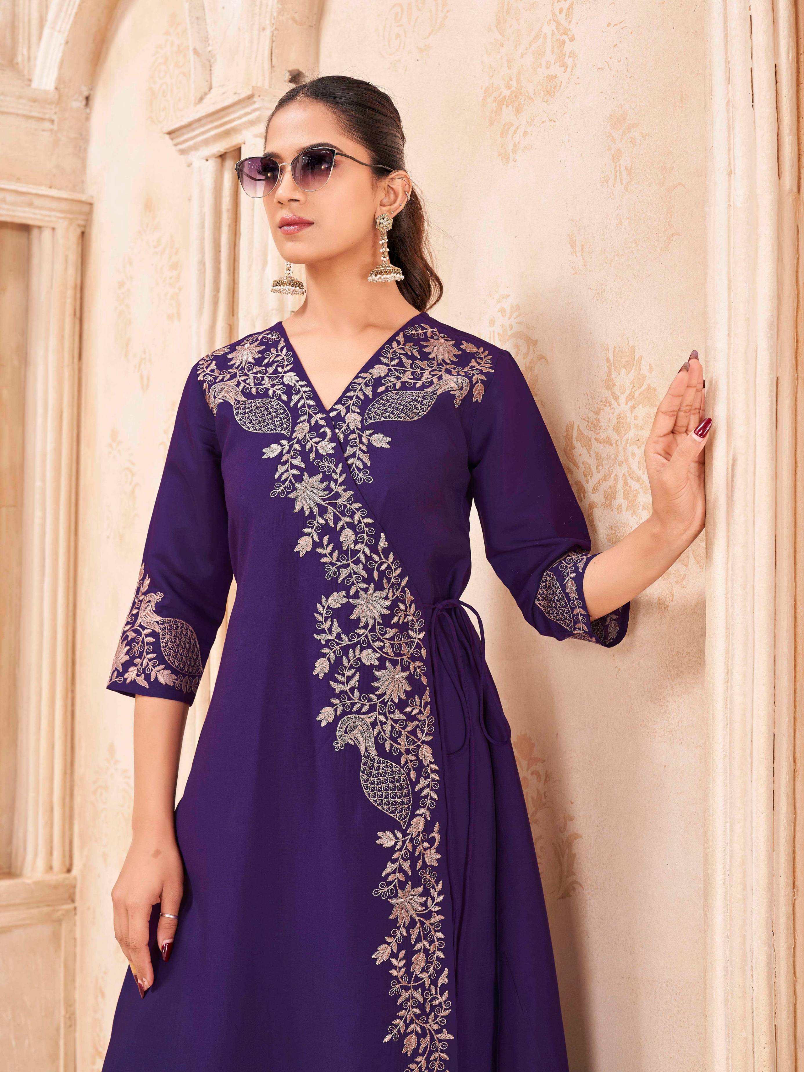 Purple color silk blend with thread work embroidered angrkha style kurta & plazzo cordset