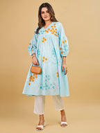 Tikhi Imli Sky color pure cotton with multi thread embroidered tunic and trouser Co-ord Set