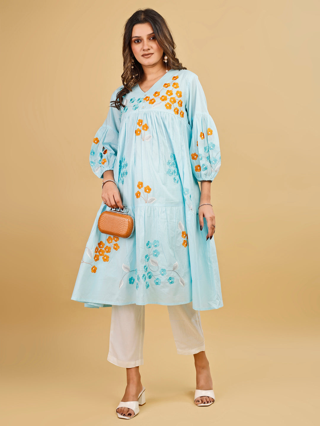 Tikhi Imli Sky color pure cotton with multi thread embroidered tunic and trouser Co-ord Set