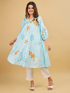 Tikhi Imli Sky color pure cotton with multi thread embroidered tunic and trouser Co-ord Set