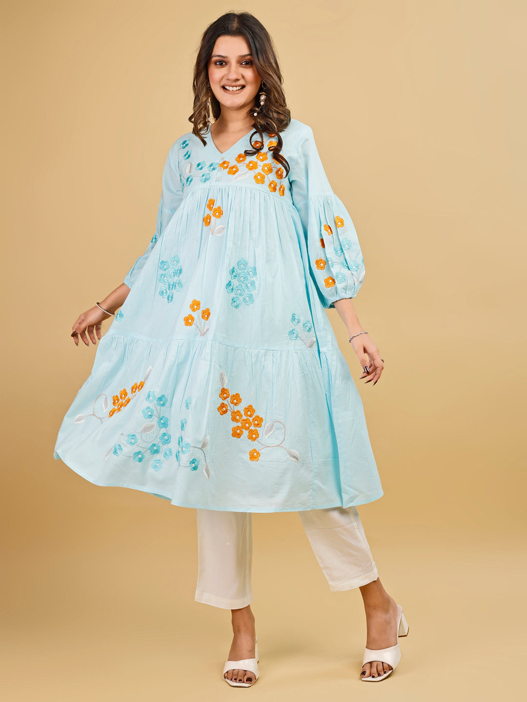 Tikhi Imli Sky color pure cotton with multi thread embroidered tunic and trouser Co-ord Set