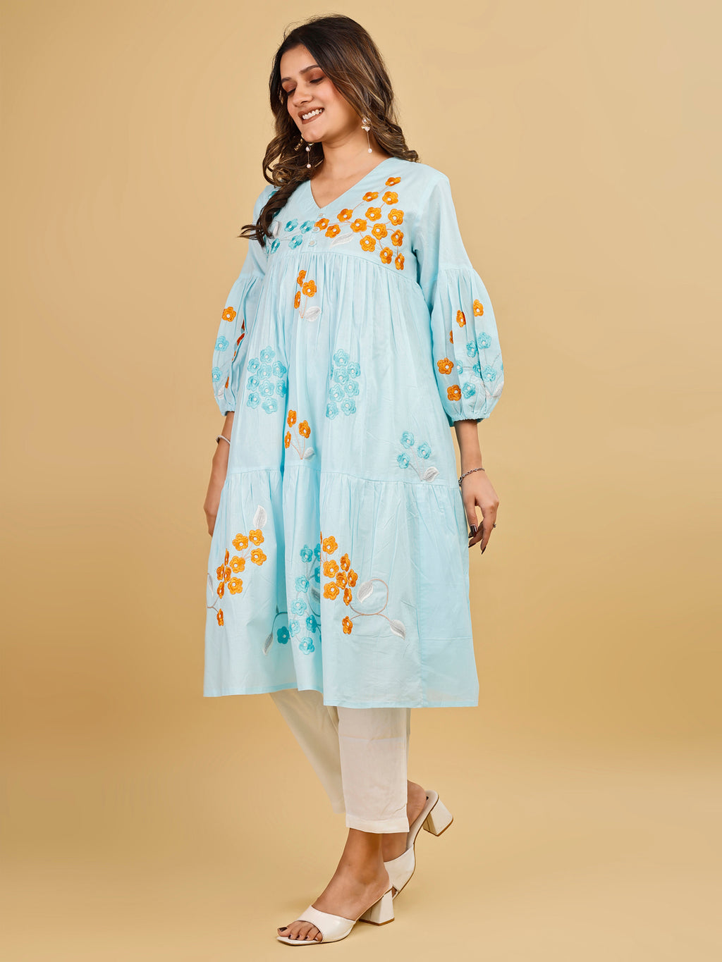 Tikhi Imli Sky color pure cotton with multi thread embroidered tunic and trouser Co-ord Set