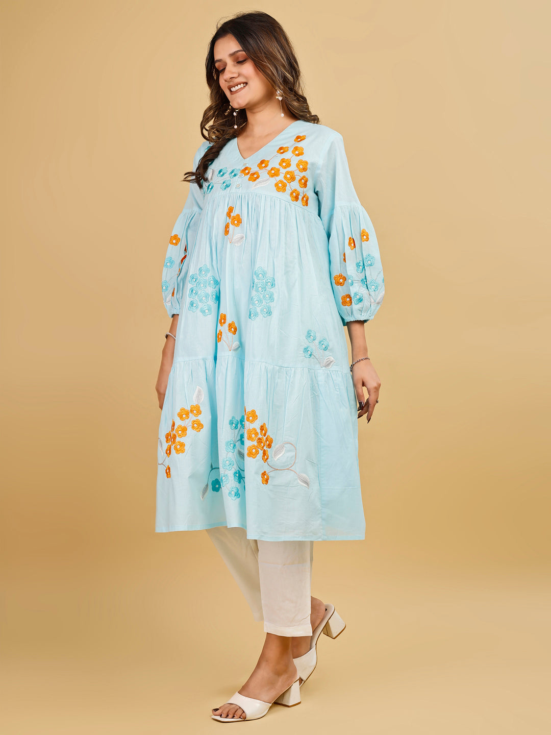 Tikhi Imli Sky color pure cotton with multi thread embroidered tunic and trouser Co-ord Set