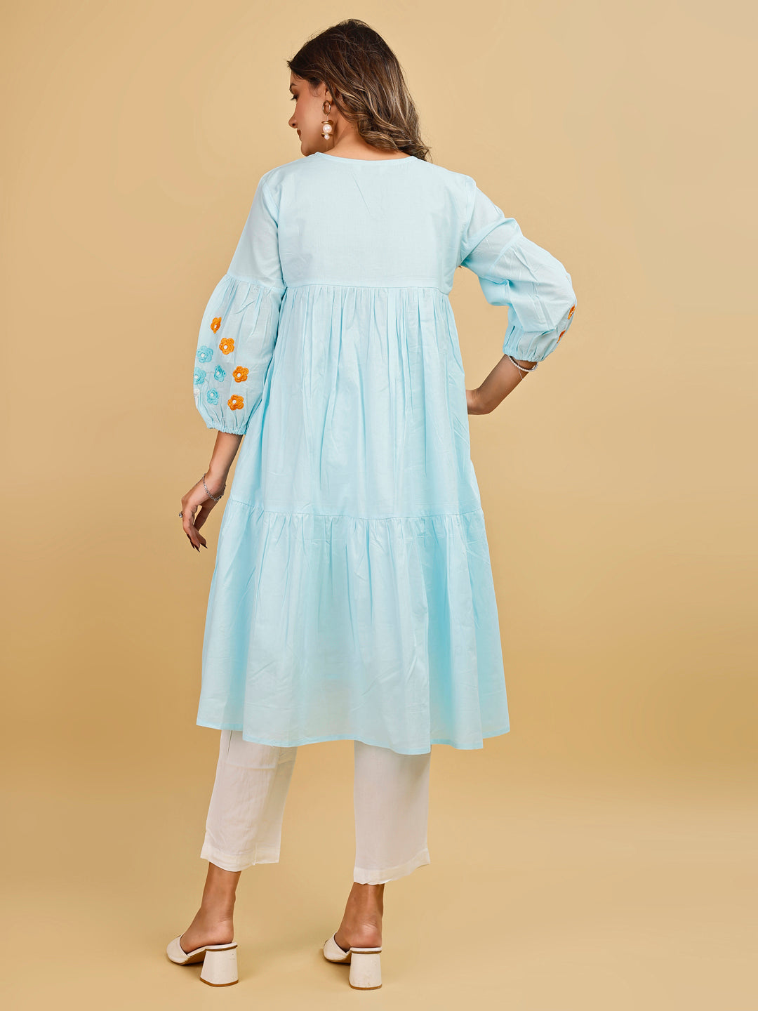 Tikhi Imli Sky color pure cotton with multi thread embroidered tunic and trouser Co-ord Set