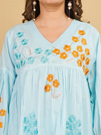 Tikhi Imli Sky color pure cotton with multi thread embroidered tunic and trouser Co-ord Set