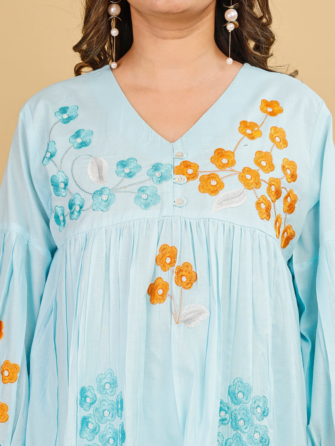 Tikhi Imli Sky color pure cotton with multi thread embroidered tunic and trouser Co-ord Set