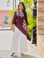 Maroon color silk blend with white thread embroidered top and plazzo co-ords set