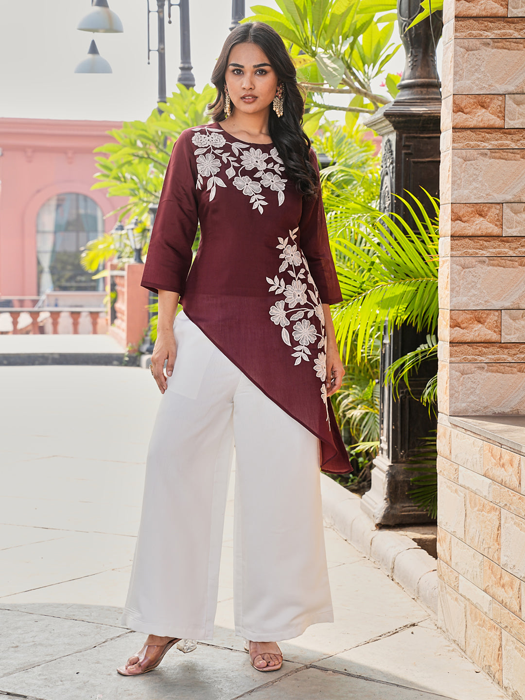 Maroon color silk blend with white thread embroidered top and plazzo co-ords set