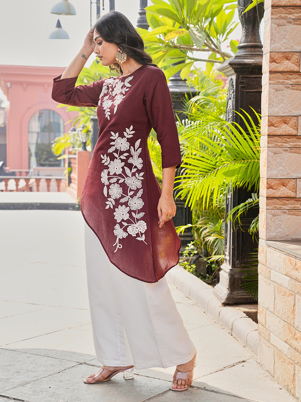 Maroon color silk blend with white thread embroidered top and plazzo co-ords set