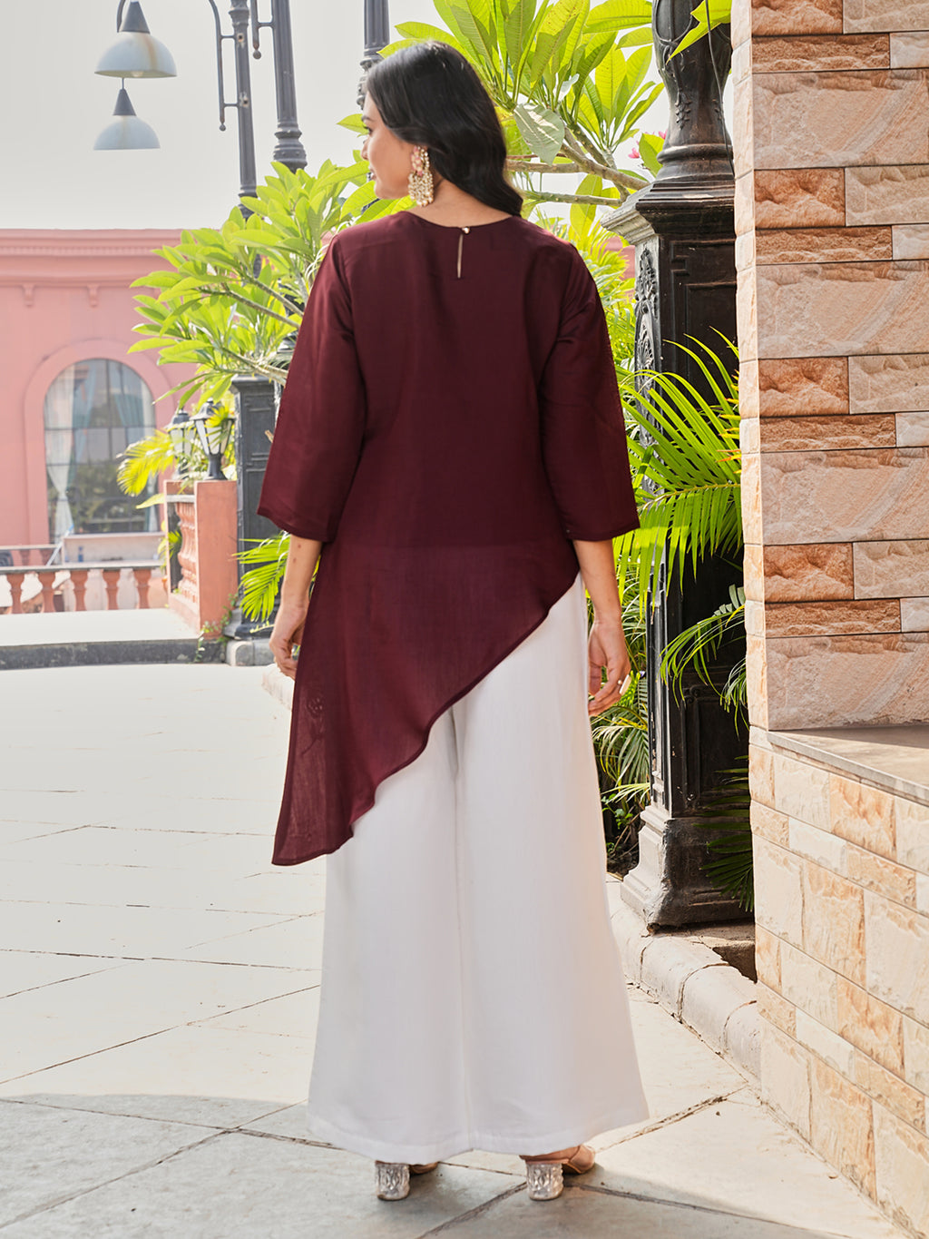 Maroon color silk blend with white thread embroidered top and plazzo co-ords set