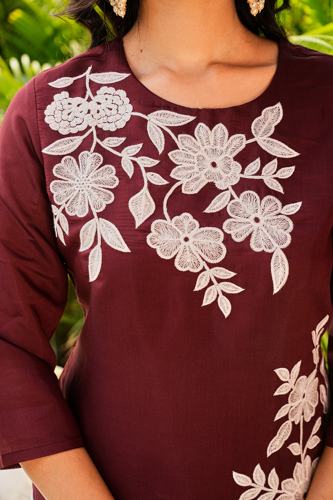 Maroon color silk blend with white thread embroidered top and plazzo co-ords set