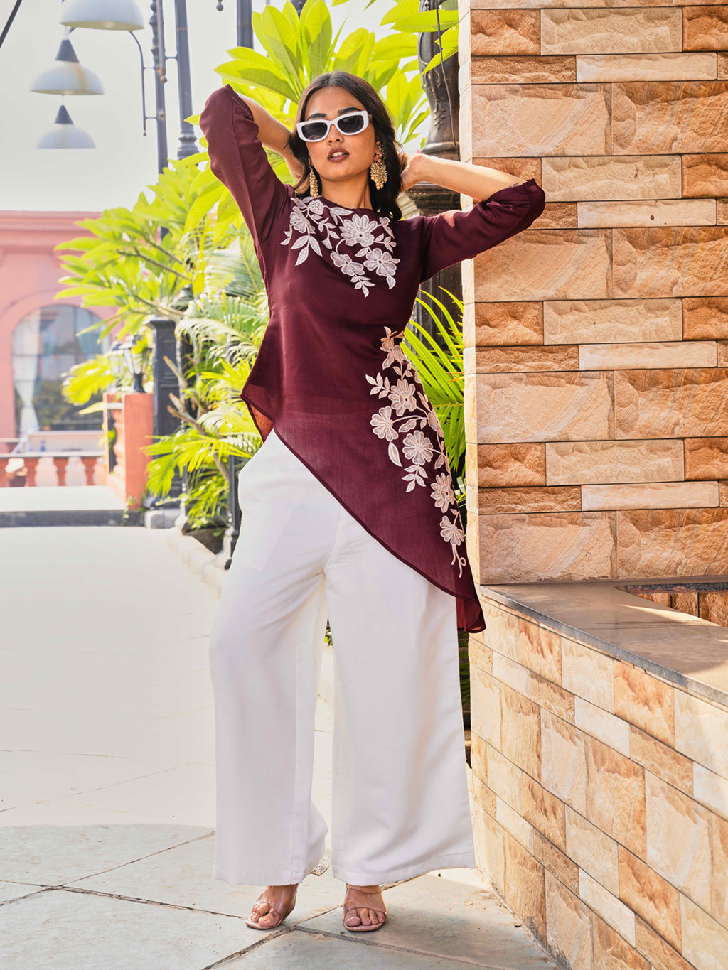 Maroon color silk blend with white thread embroidered top and plazzo co-ords set