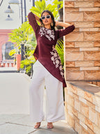 Maroon color silk blend with white thread embroidered top and plazzo co-ords set